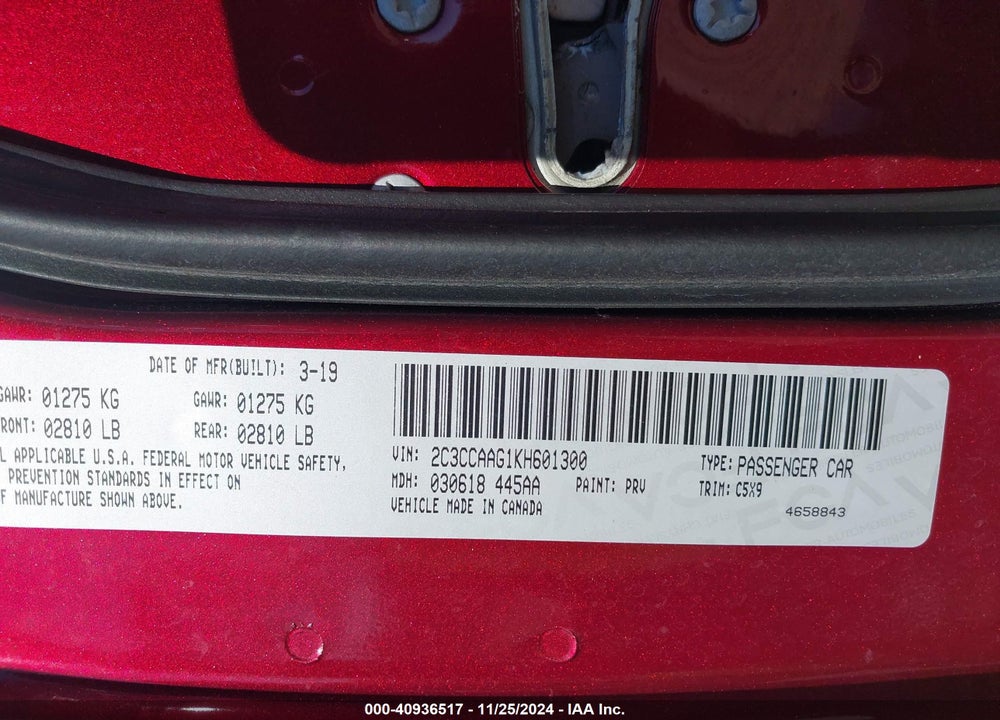 2019 CHRYSLER 300 TOURING VIN: 2C3CCAAG1KH601300