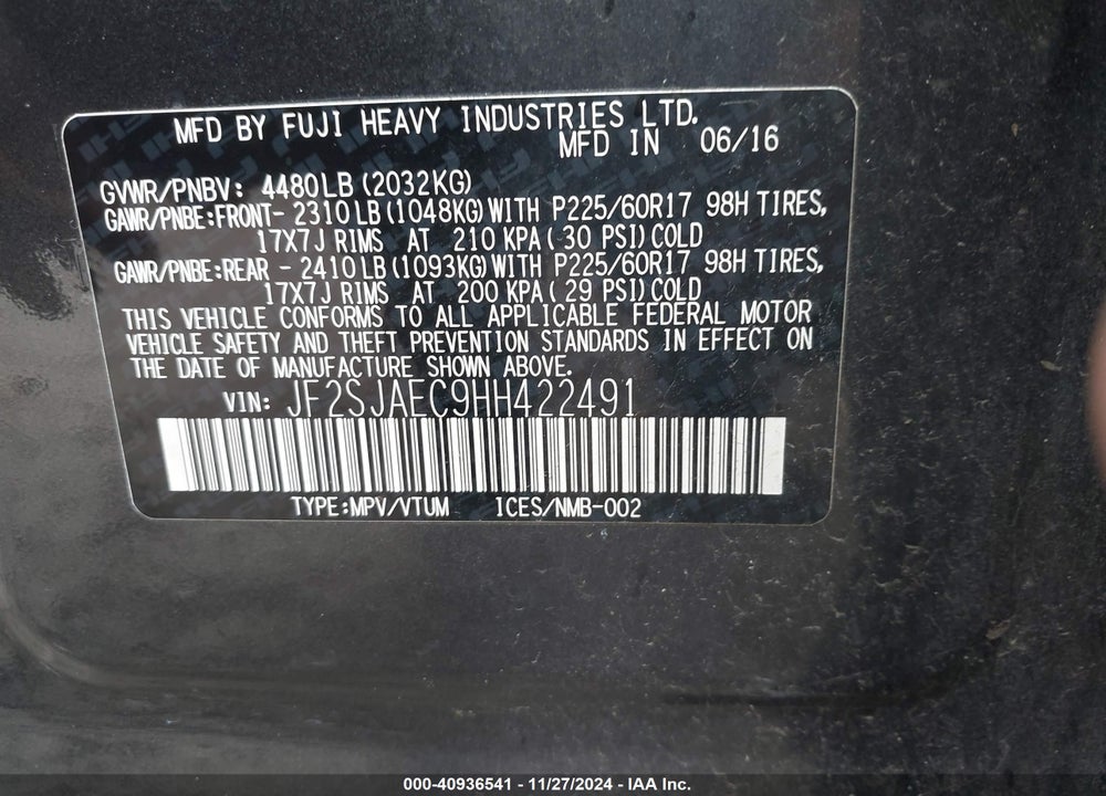 2017 SUBARU FORESTER 2.5I PREMIUM VIN: JF2SJAEC9HH422491
