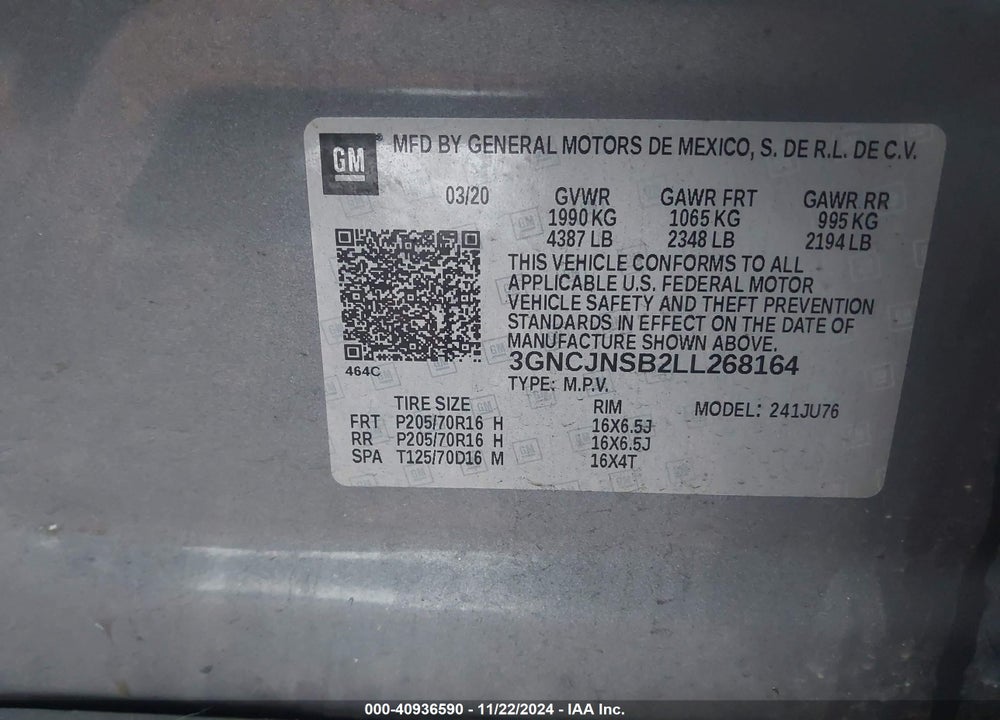 2020 CHEVROLET TRAX AWD LS VIN: 3GNCJNSB2LL268164