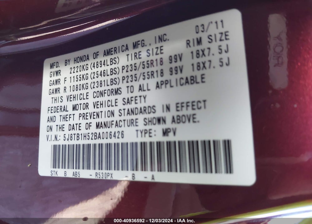 2011 ACURA RDX VIN: 5J8TB1H52BA006426