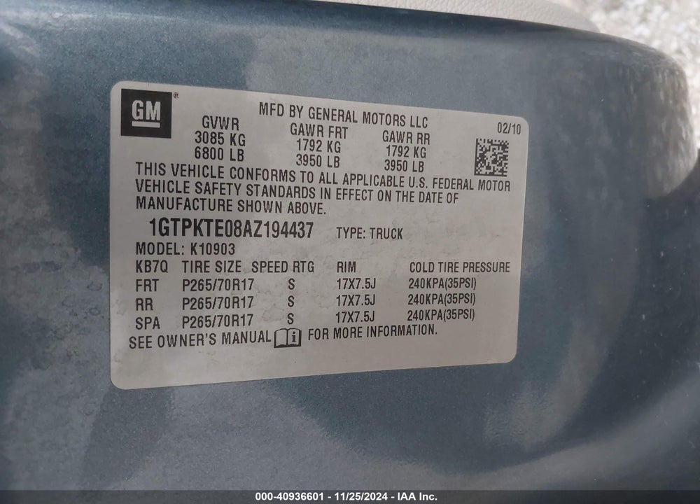 2010 GMC SIERRA 1500 WORK TRUCK VIN: 1GTPKTE08AZ194437