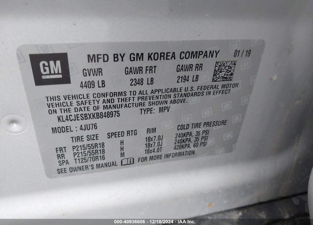 2019 BUICK ENCORE AWD PREFERRED VIN: KL4CJESBXKB848975