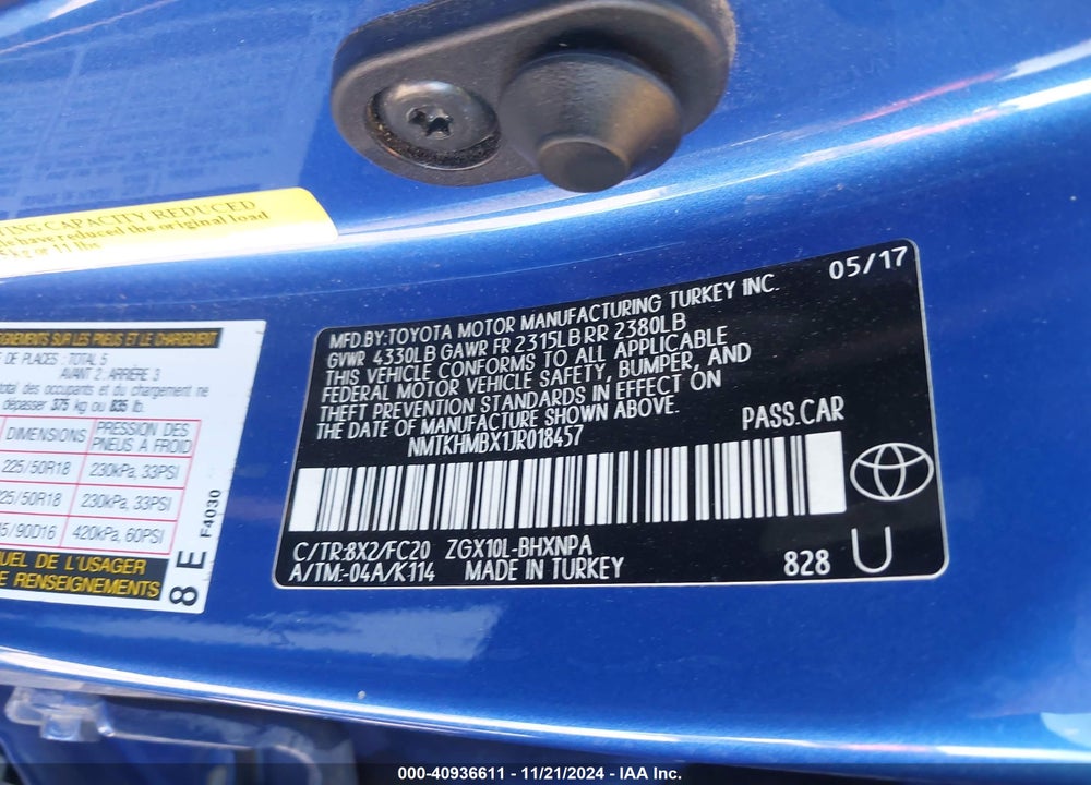 2018 TOYOTA C-HR XLE VIN: NMTKHMBX1JR018457
