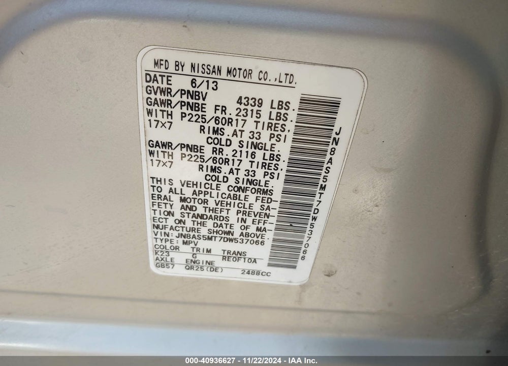 2013 NISSAN ROGUE SV VIN: JN8AS5MT7DW537066