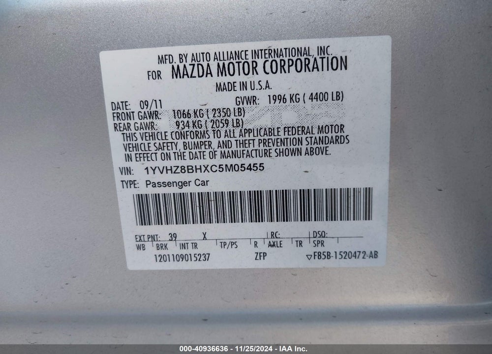 2012 MAZDA 6 I SPORT VIN: 1YVHZ8BHXC5M05455