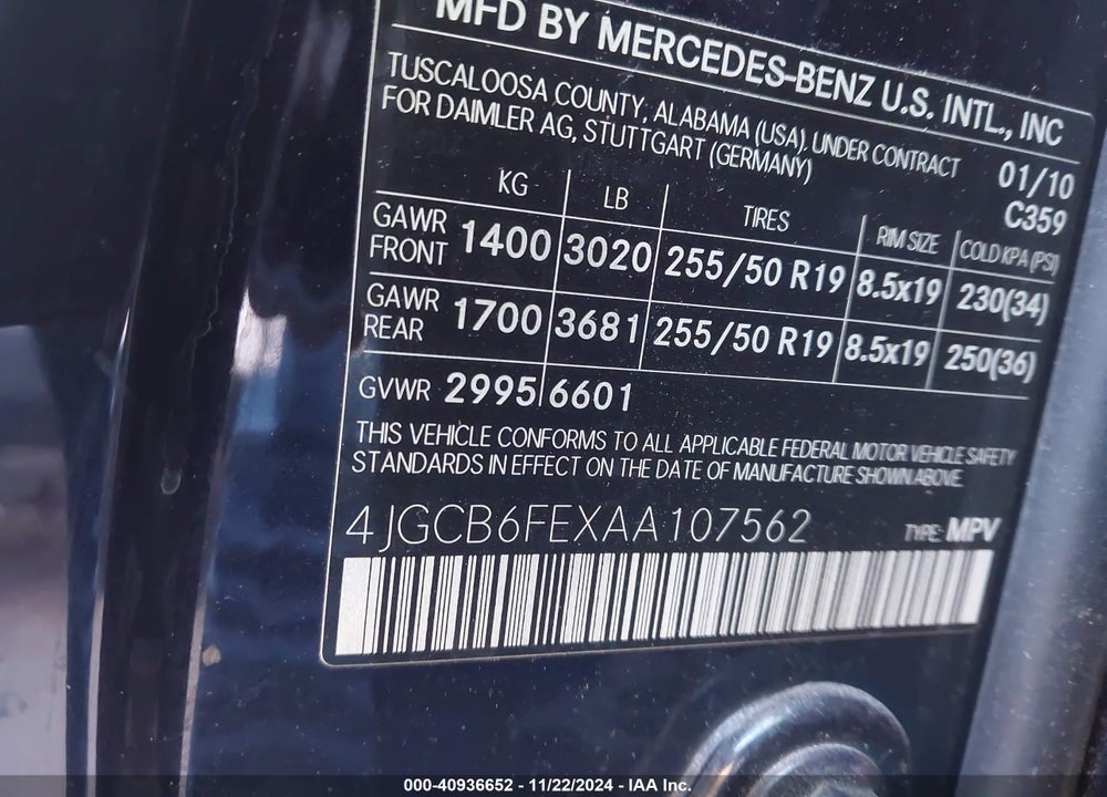 2010 MERCEDES-BENZ R 350 4MATIC VIN: 4JGCB6FEXAA107562