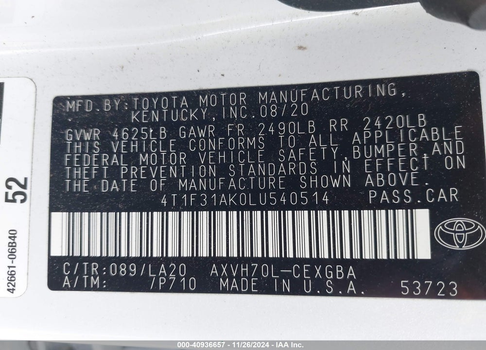 2020 TOYOTA CAMRY XLE HYBRID VIN: 4T1F31AK0LU540514