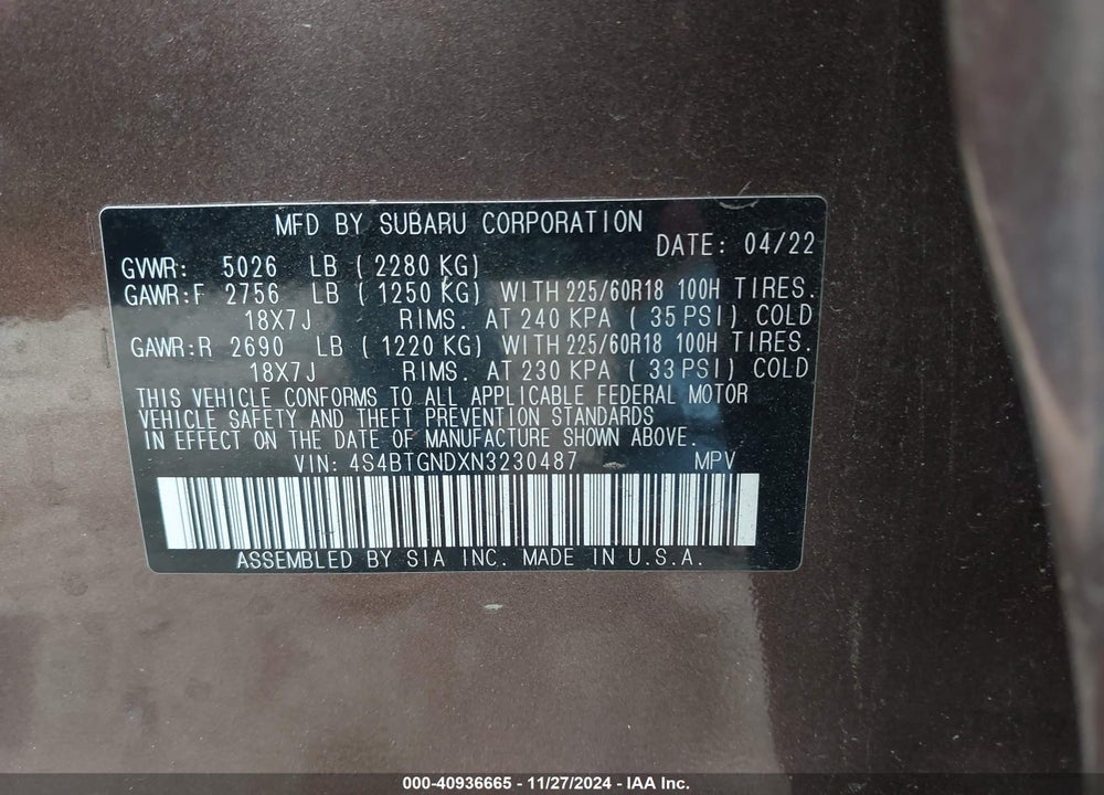 2022 SUBARU OUTBACK LIMITED XT VIN: 4S4BTGNDXN3230487