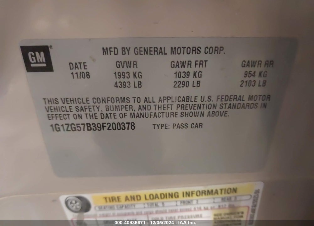 2009 CHEVROLET MALIBU LS VIN: 1G1ZG57B39F200378