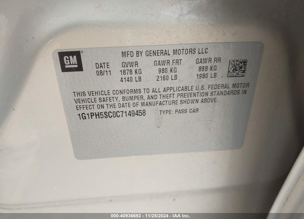 2012 CHEVROLET CRUZE VIN: 1G1PH5SC0C7149458