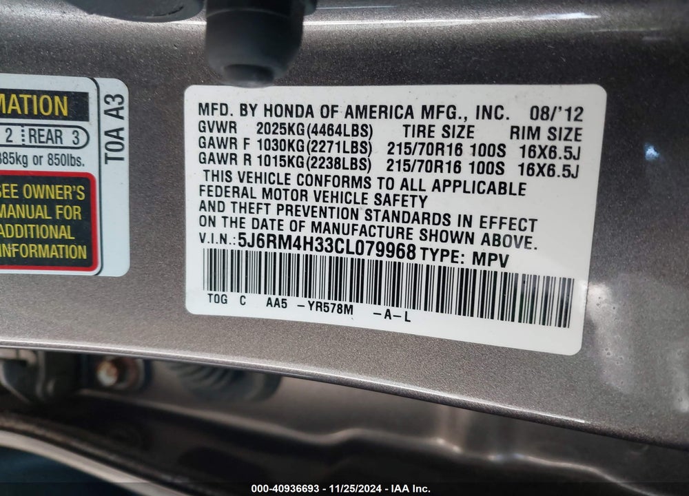 2012 HONDA CR-V LX VIN: 5J6RM4H33CL079968