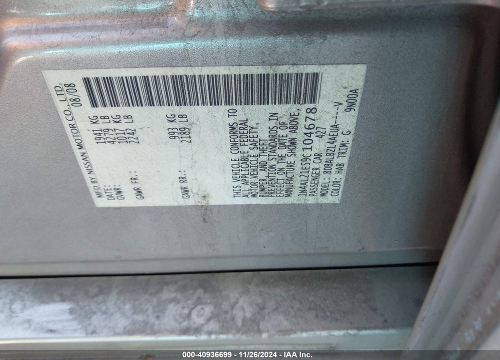2009 NISSAN ALTIMA 2.5 S VIN: 1N4AL21E59C104678