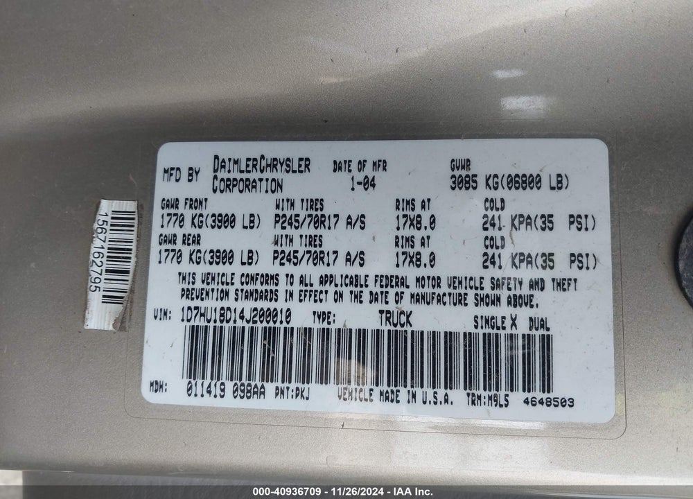 2004 DODGE RAM 1500 SLT/LARAMIE VIN: 1D7HU18D14J200010