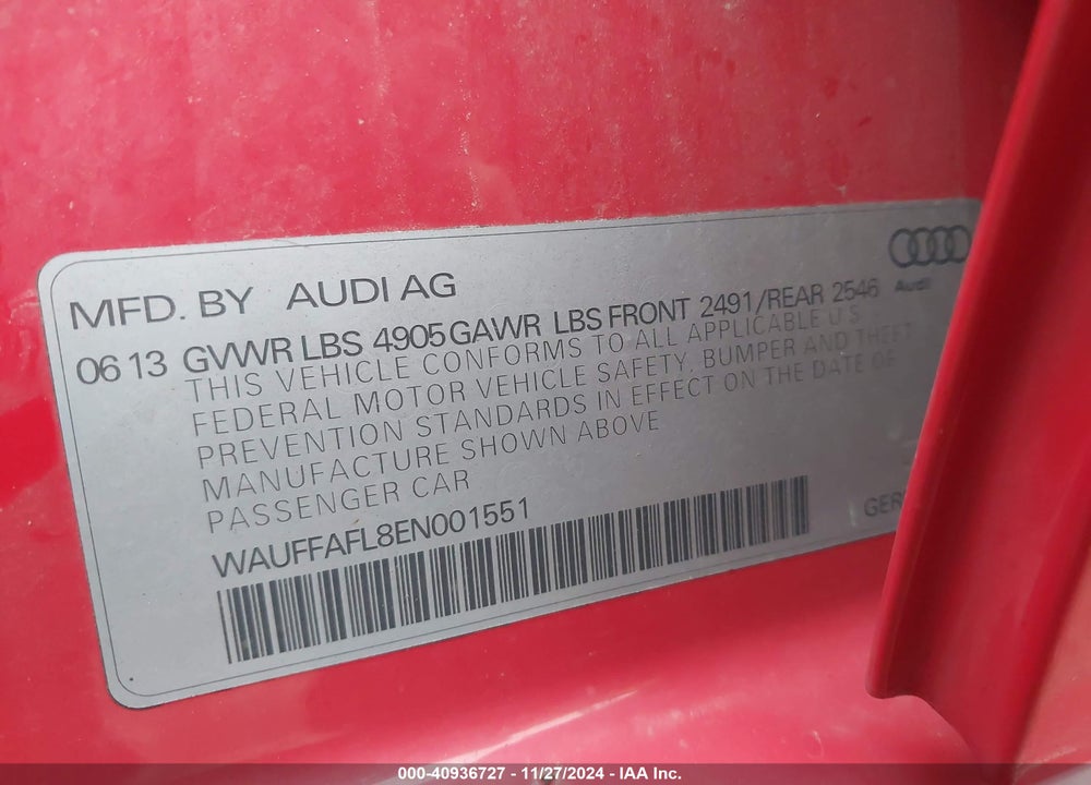 2014 AUDI A4 2.0T PREMIUM VIN: WAUFFAFL8EN001551