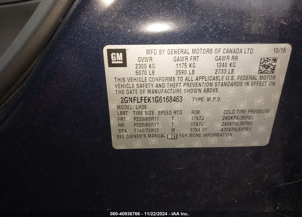 2016 CHEVROLET EQUINOX LT VIN: 2GNFLFEK1G6168463