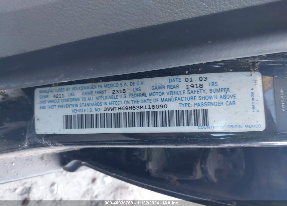 2003 VOLKSWAGEN JETTA GLX VIN: 3VWTH69M63M116090