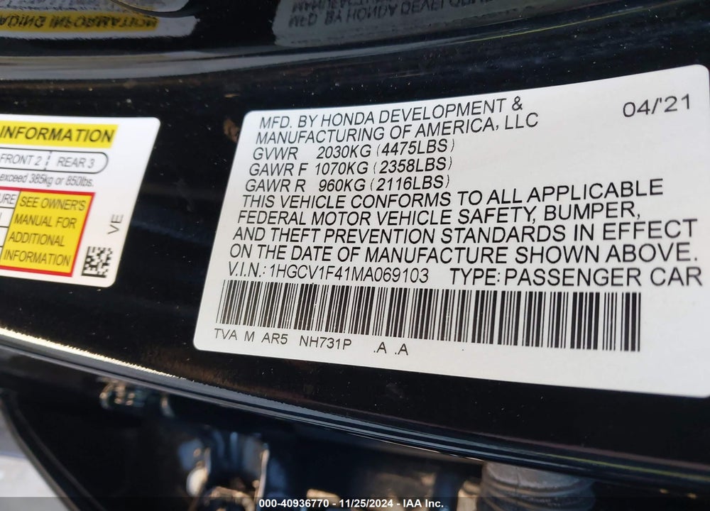 2021 HONDA ACCORD VIN: 1HGCV1F41MA069103
