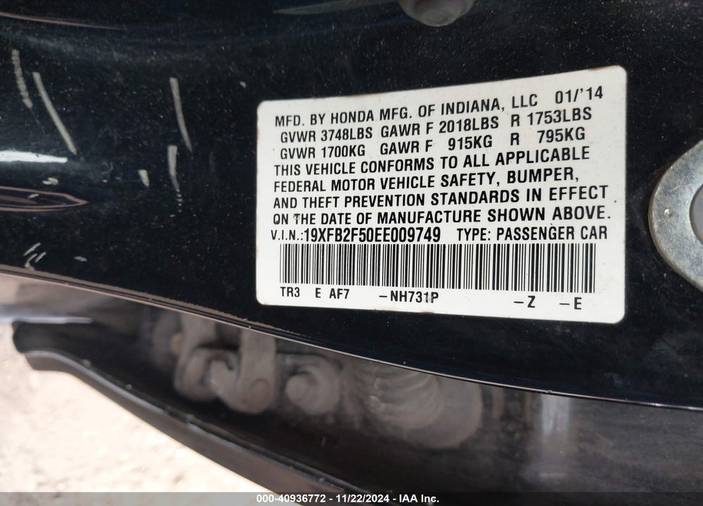 2014 HONDA CIVIC LX VIN: 19XFB2F50EE009749