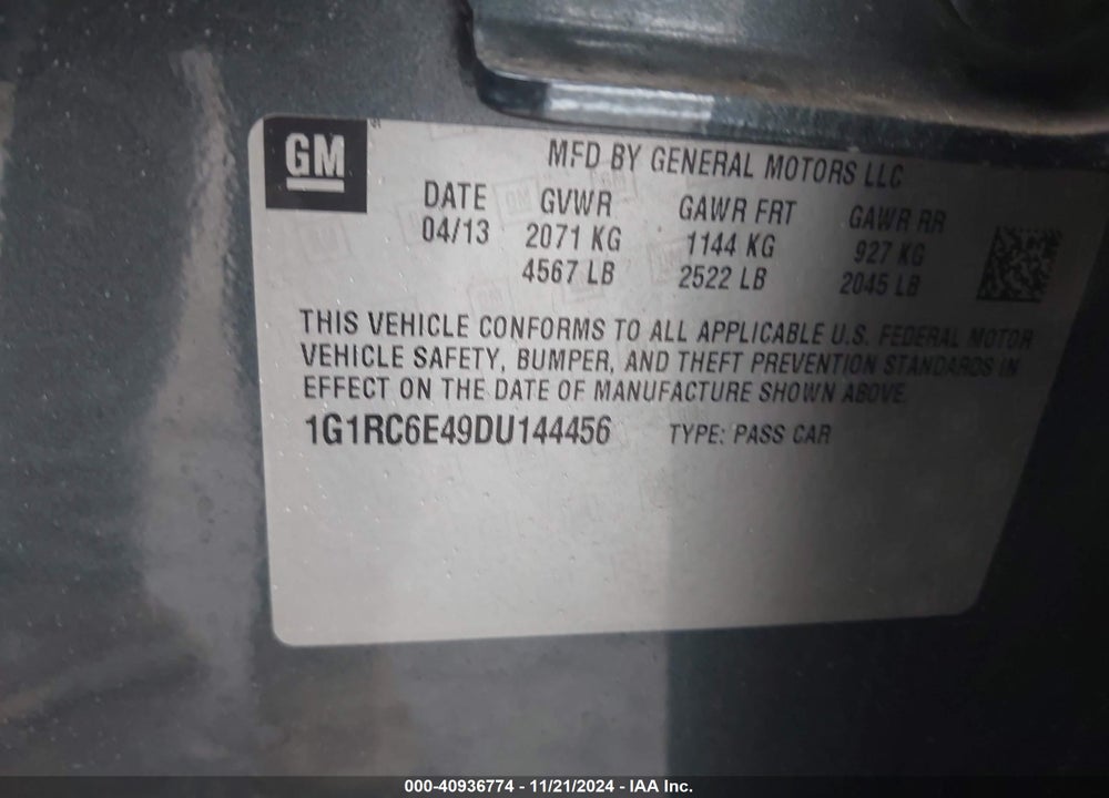 2013 CHEVROLET VOLT VIN: 1G1RC6E49DU144456