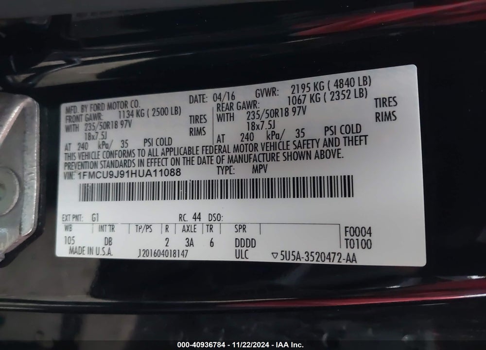 2017 FORD ESCAPE TITANIUM VIN: 1FMCU9J91HUA11088