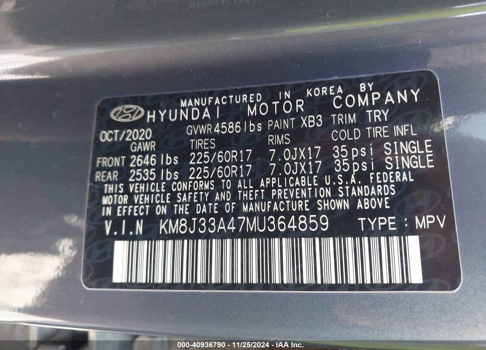 2021 HYUNDAI TUCSON VALUE VIN: KM8J33A47MU364859