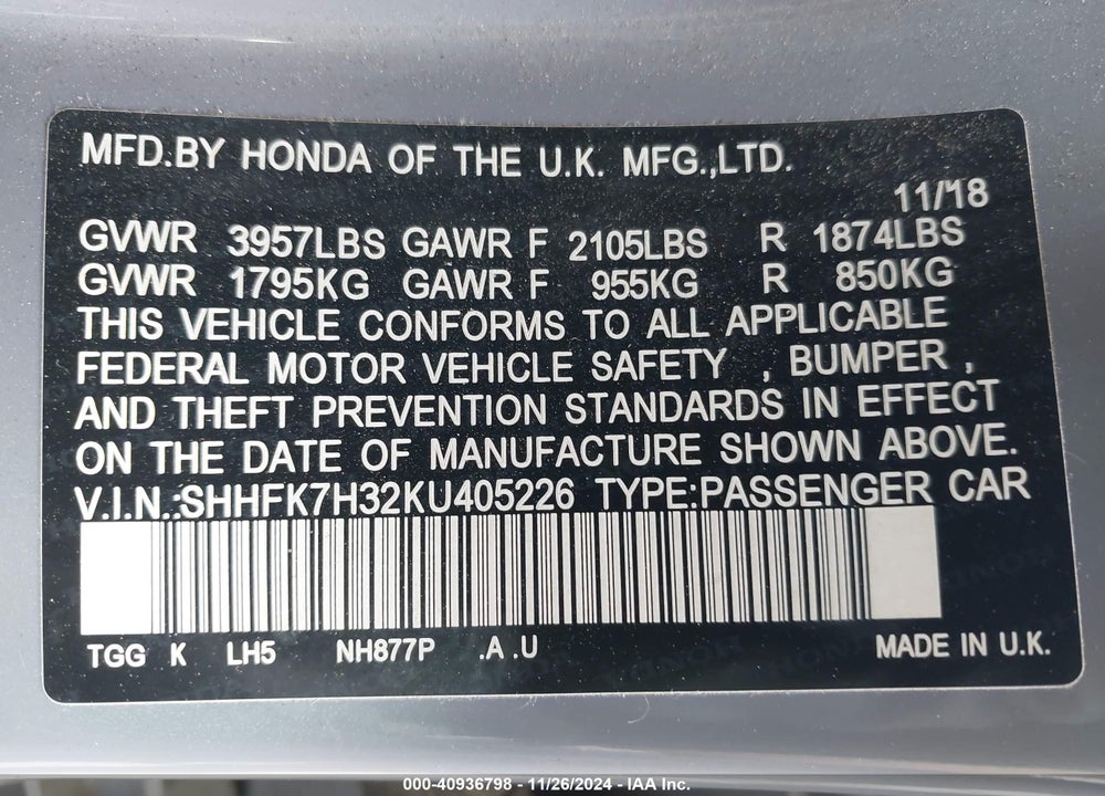 2019 HONDA CIVIC LX VIN: SHHFK7H32KU405226