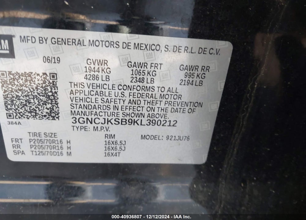 2019 CHEVROLET TRAX LS VIN: 3GNCJKSB9KL390212