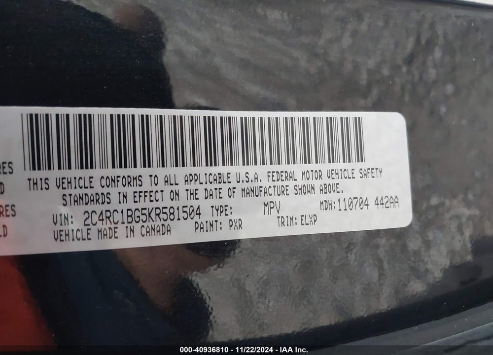 2019 CHRYSLER PACIFICA TOURING L VIN: 2C4RC1BG5KR581504