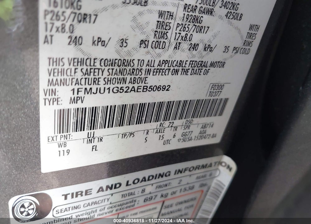 2010 FORD EXPEDITION XLT VIN: 1FMJU1G52AEB50692
