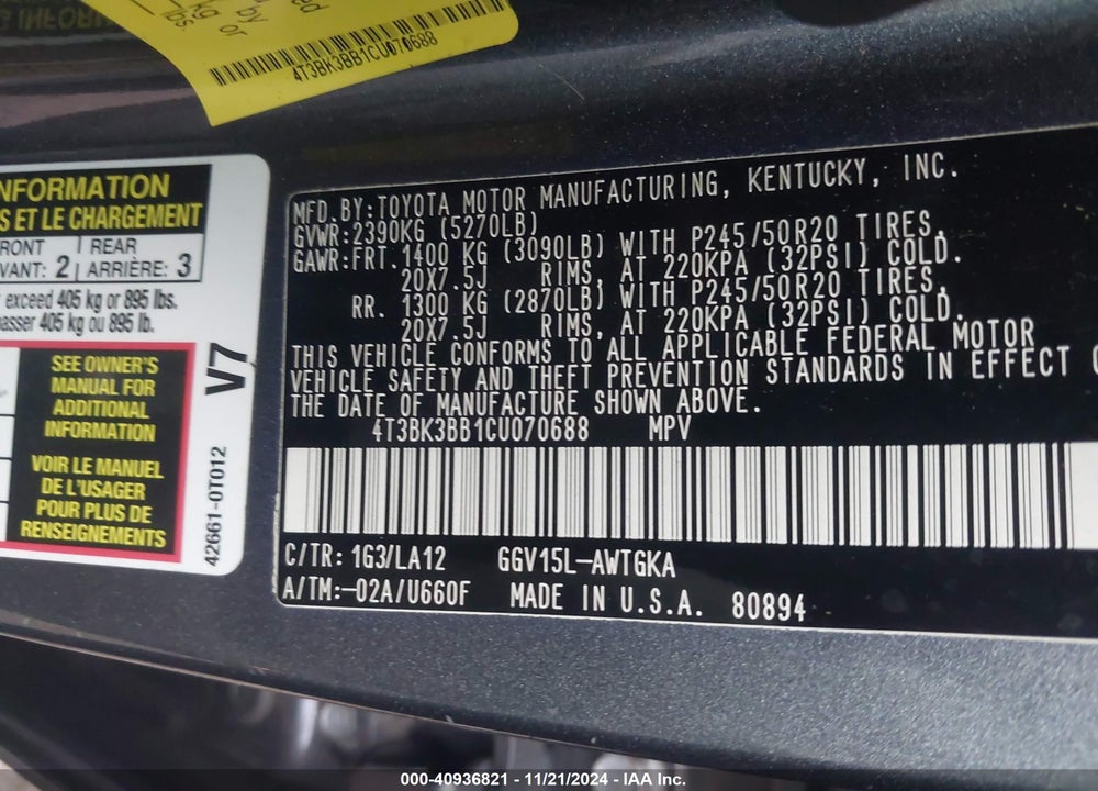 2012 TOYOTA VENZA XLE V6 VIN: 4T3BK3BB1CU070688