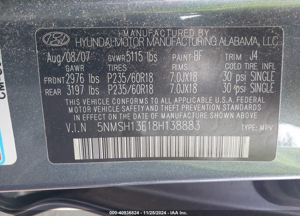 2008 HYUNDAI SANTA FE LIMITED/SE VIN: 5NMSH13E18H138883