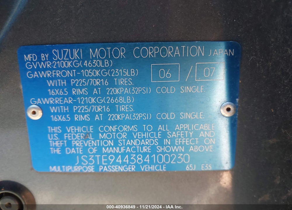 2008 SUZUKI GRAND VITARA XSPORT VIN: JS3TE944384100230
