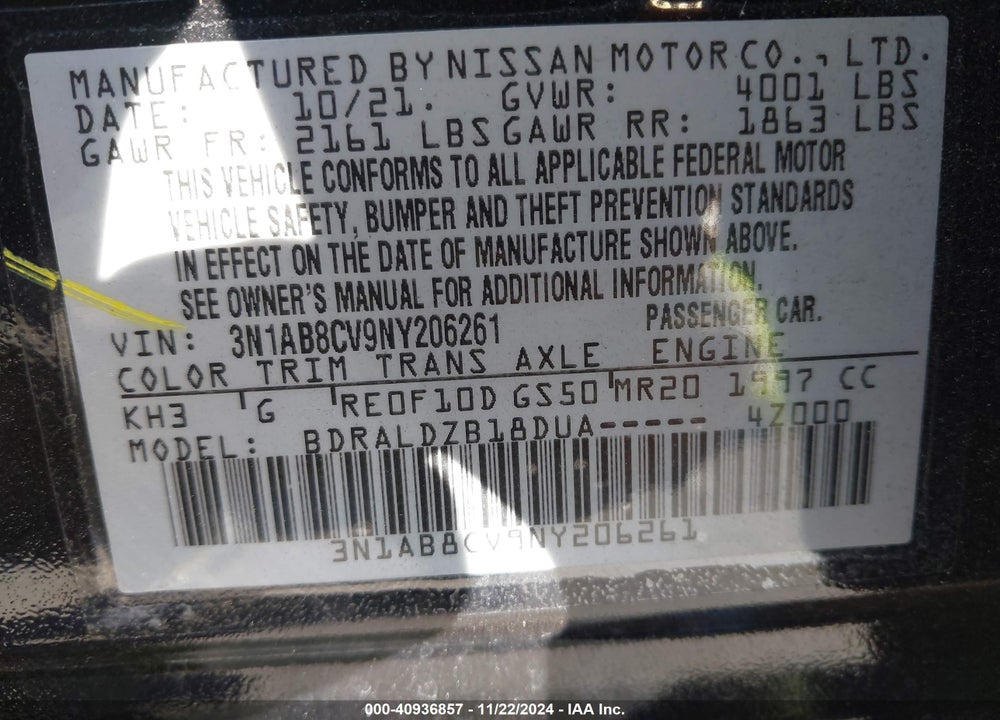2022 NISSAN SENTRA SV XTRONIC CVT VIN: 3N1AB8CV9NY206261