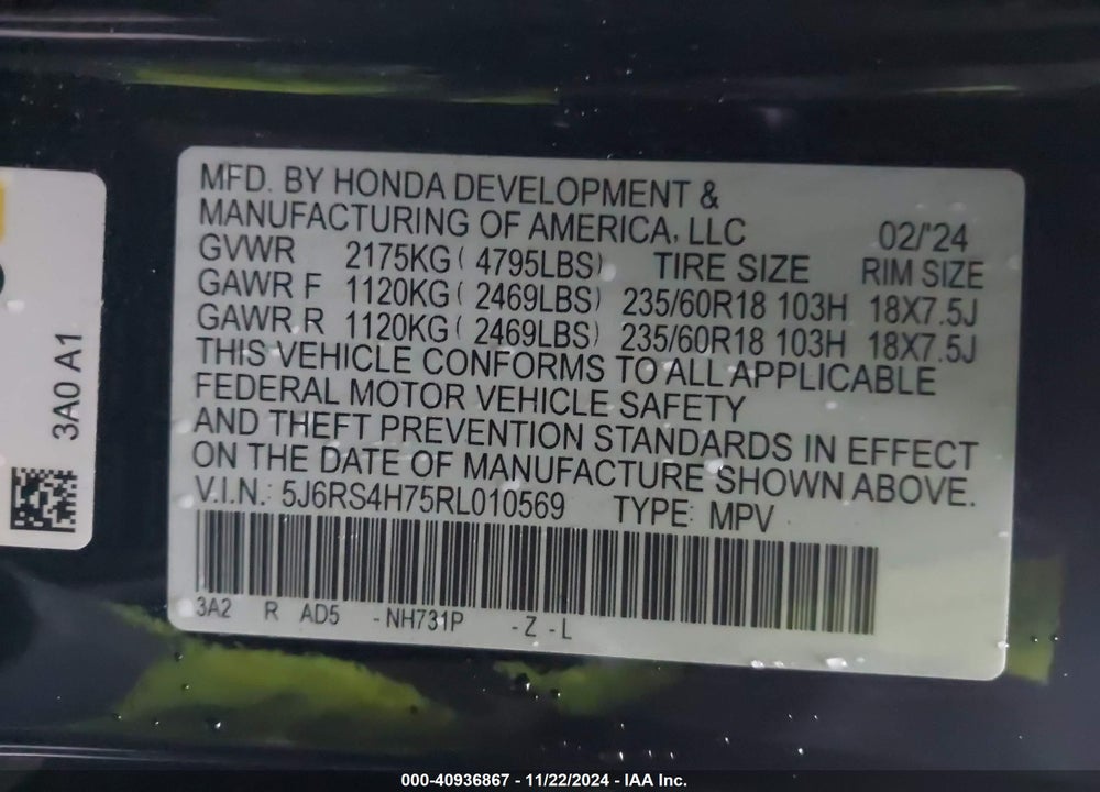 2024 HONDA CR-V EX-L AWD VIN: 5J6RS4H75RL010569