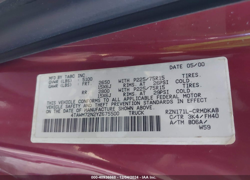 2000 TOYOTA TACOMA VIN: 4TAWM72N2YZ675500