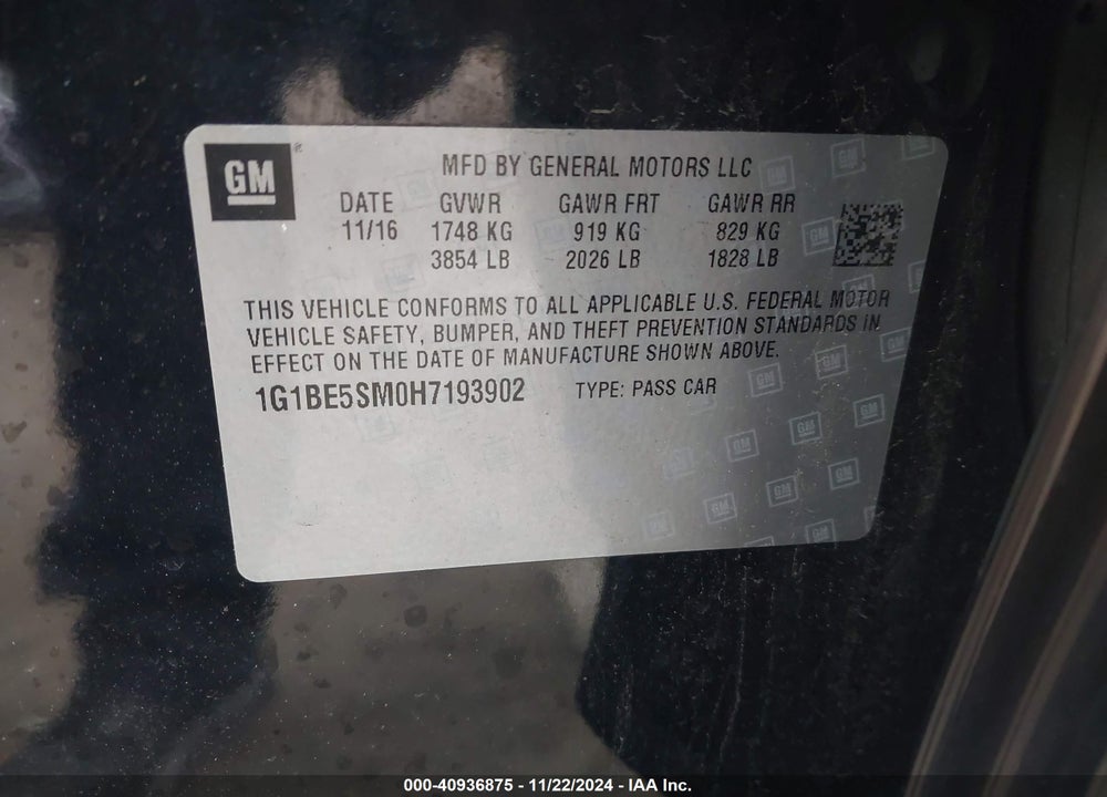 2017 CHEVROLET CRUZE VIN: 1G1BE5SM0H7193902