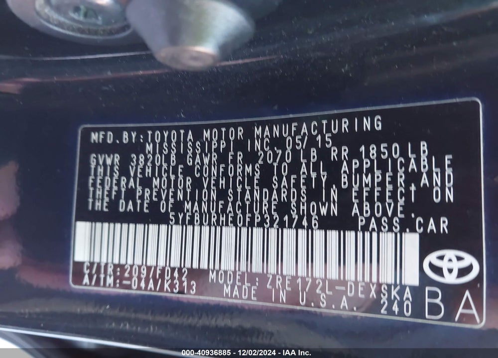 2015 TOYOTA COROLLA S PLUS VIN: 5YFBURHE0FP321746