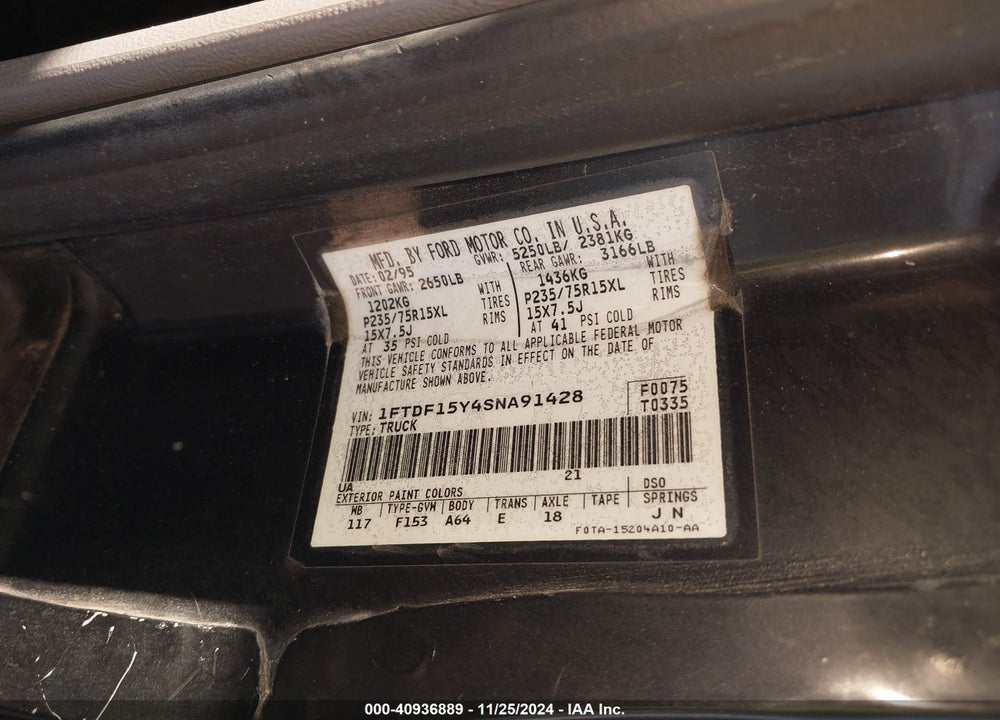 1995 FORD F150 VIN: 1FTDF15Y4SNA91428