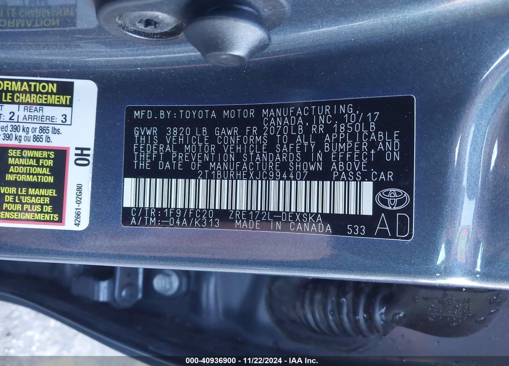 2018 TOYOTA COROLLA SE VIN: 2T1BURHEXJC994407