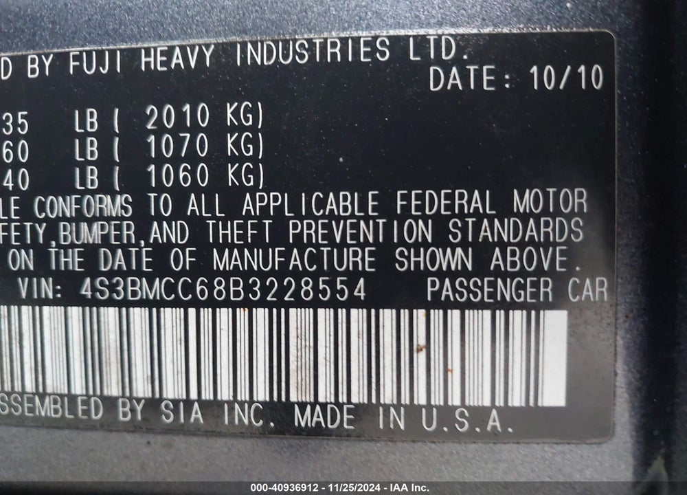 2011 SUBARU LEGACY 2.5I PREMIUM VIN: 4S3BMCC68B3228554