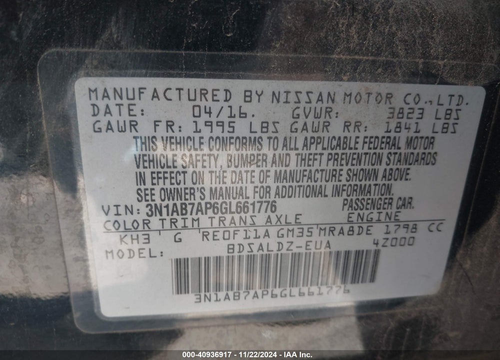 2016 NISSAN SENTRA VIN: 3N1AB7AP6GL661776