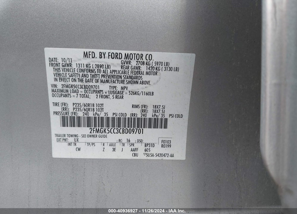 2012 FORD FLEX SEL VIN: 2FMGK5CC3CBD09701