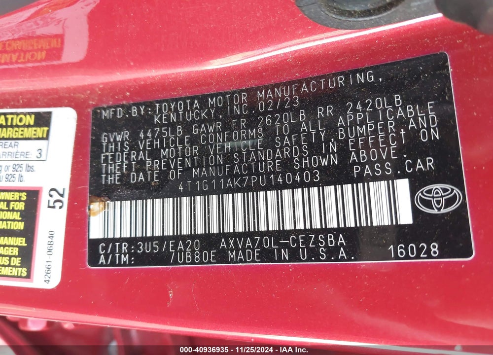 2023 TOYOTA CAMRY SE VIN: 4T1G11AK7PU140403