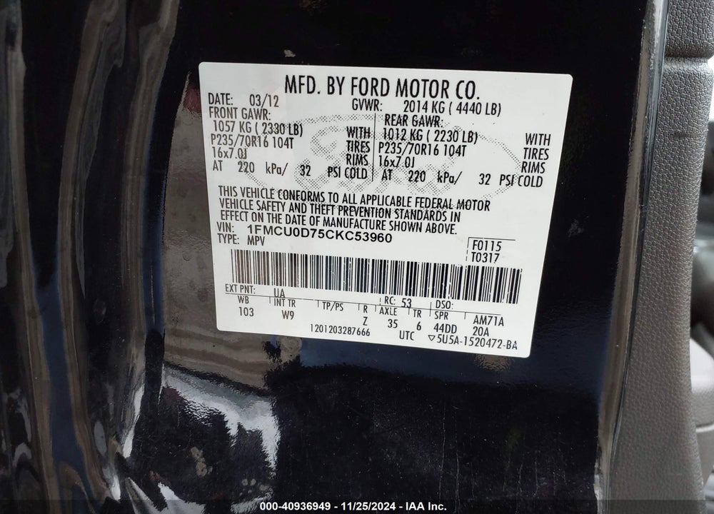2012 FORD ESCAPE XLT VIN: 1FMCU0D75CKC53960