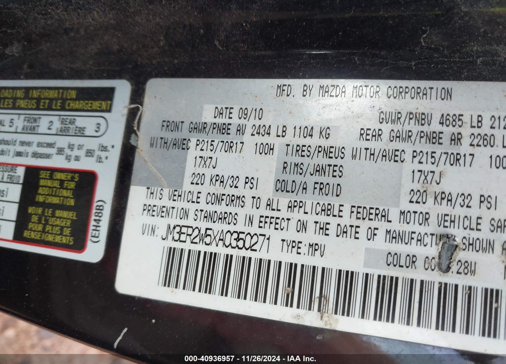 2010 MAZDA CX-7 I SV VIN: JM3ER2W5XA0350271