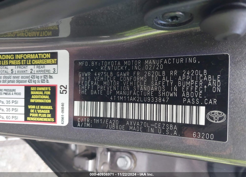 2020 TOYOTA CAMRY SE VIN: 4T1M11AK2LU933847