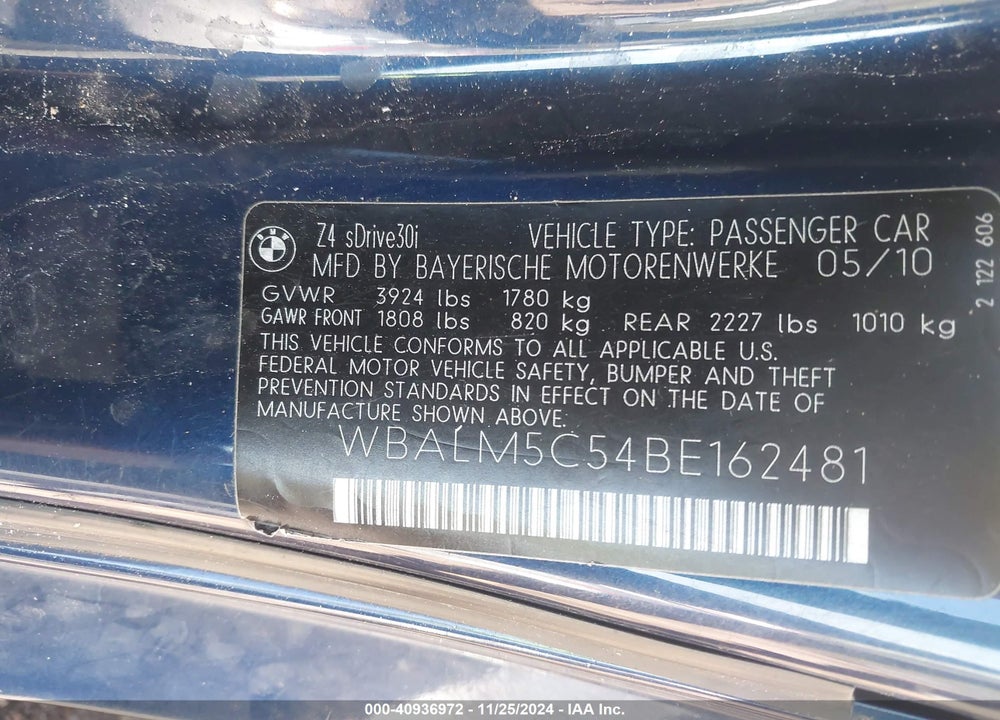 2011 BMW Z4 VIN: WBALM5C54BE162481