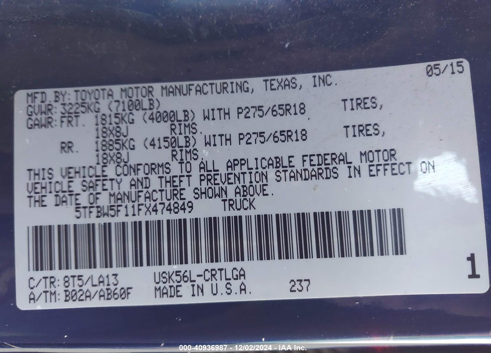 2015 TOYOTA TUNDRA LIMITED 5.7L V8 VIN: 5TFBW5F11FX474849