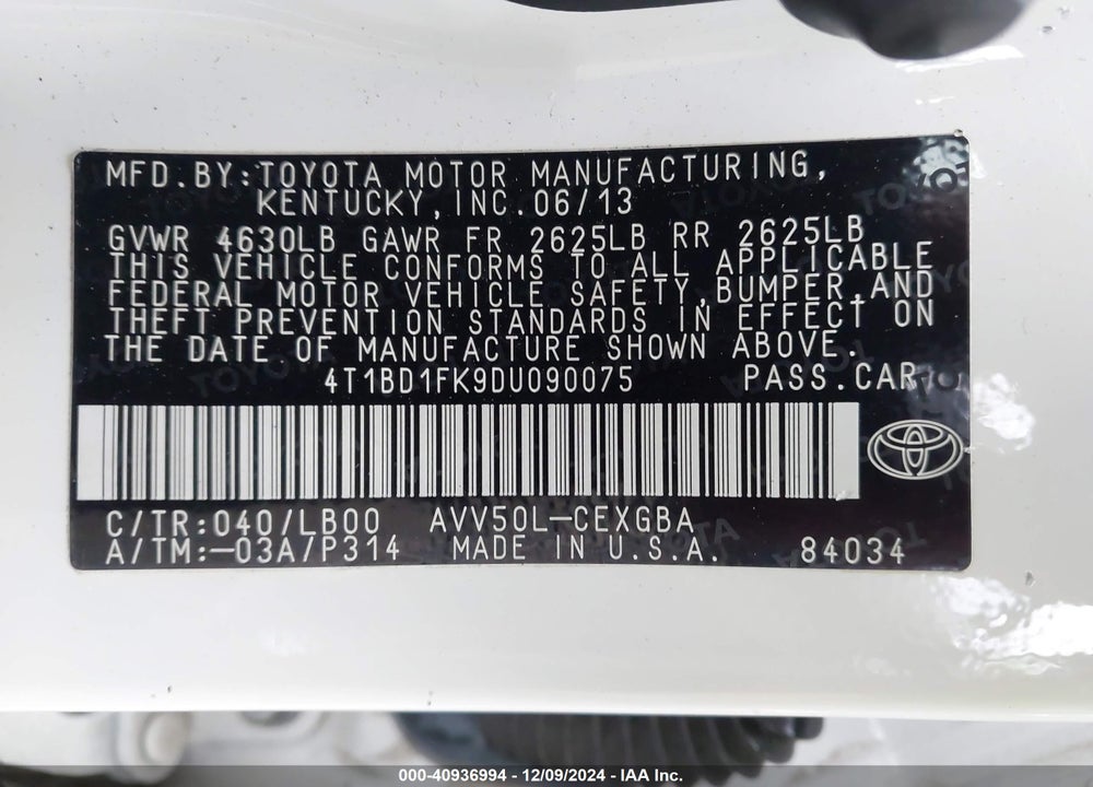 2013 TOYOTA CAMRY HYBRID XLE VIN: 4T1BD1FK9DU090075