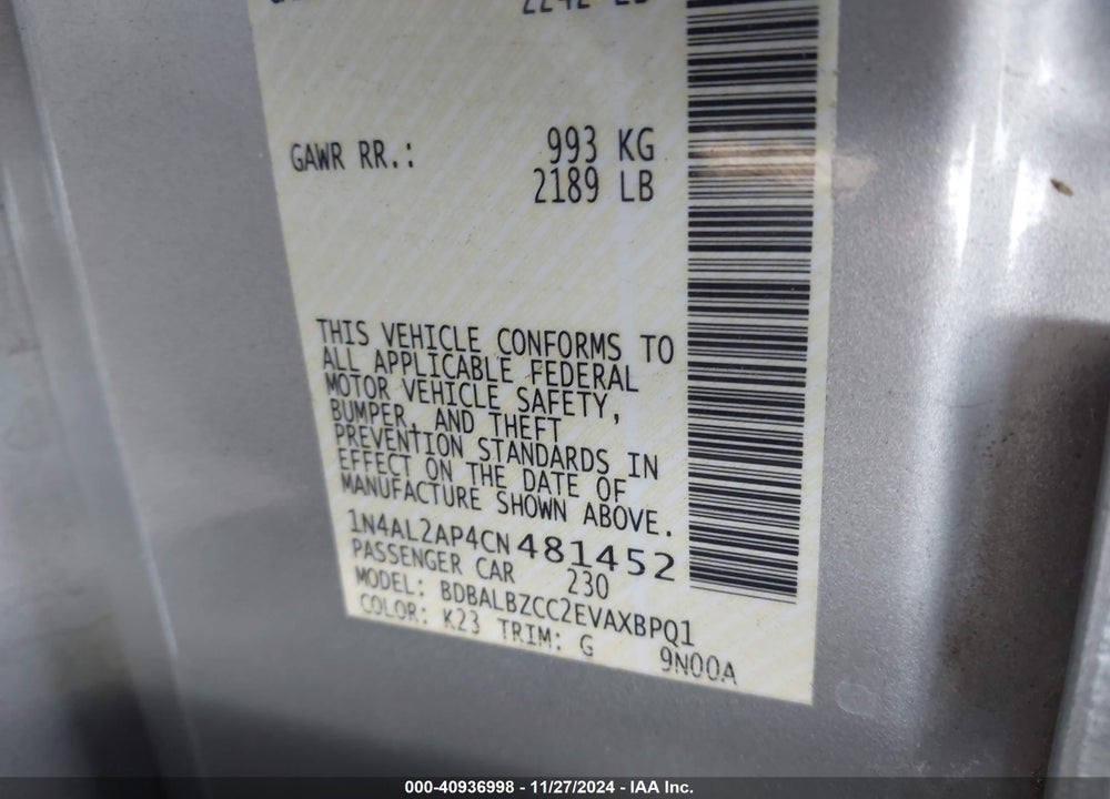 2012 NISSAN ALTIMA 2.5 S VIN: 1N4AL2AP4CN481452